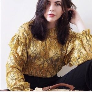 Zara Mustard Yellow Lace Crop Ruffle Sleeve Top S